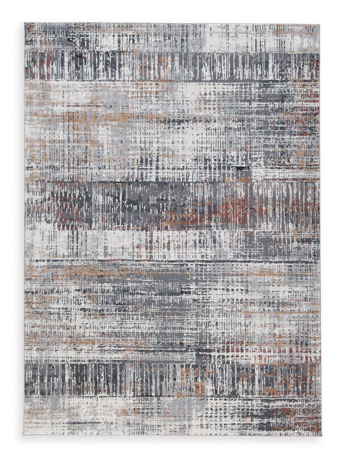 Square area rug with distressed abstract layout in light gray, dark gray, and orange flecks