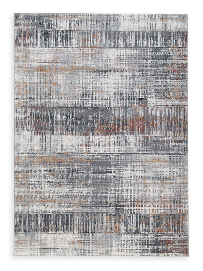 Square area rug with distressed abstract layout in light gray, dark gray, and orange flecks