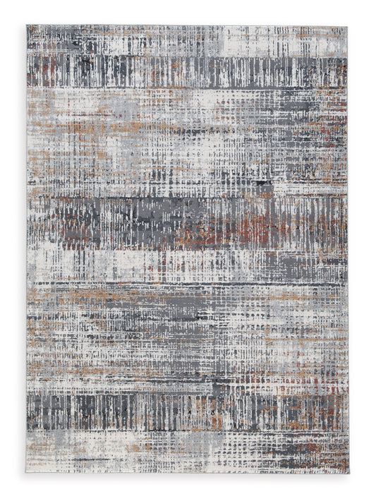 Square area rug with distressed abstract layout in light gray, dark gray, and orange flecks