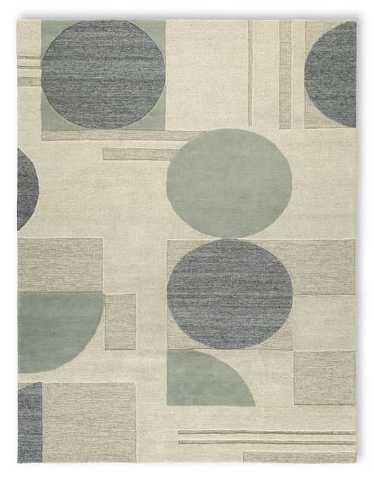 Abstract area rug square with cream field, sage and charcoal circles, rectangles, and lines