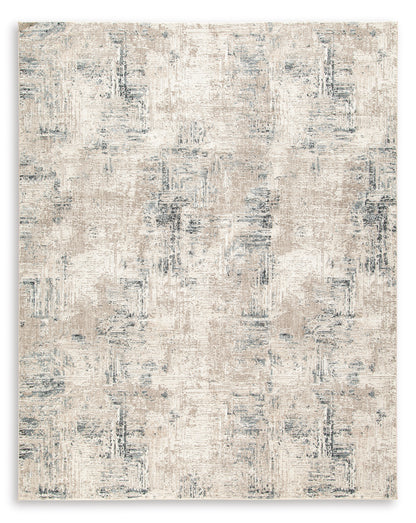 Square area rug with beige and gray distressed abstract pattern