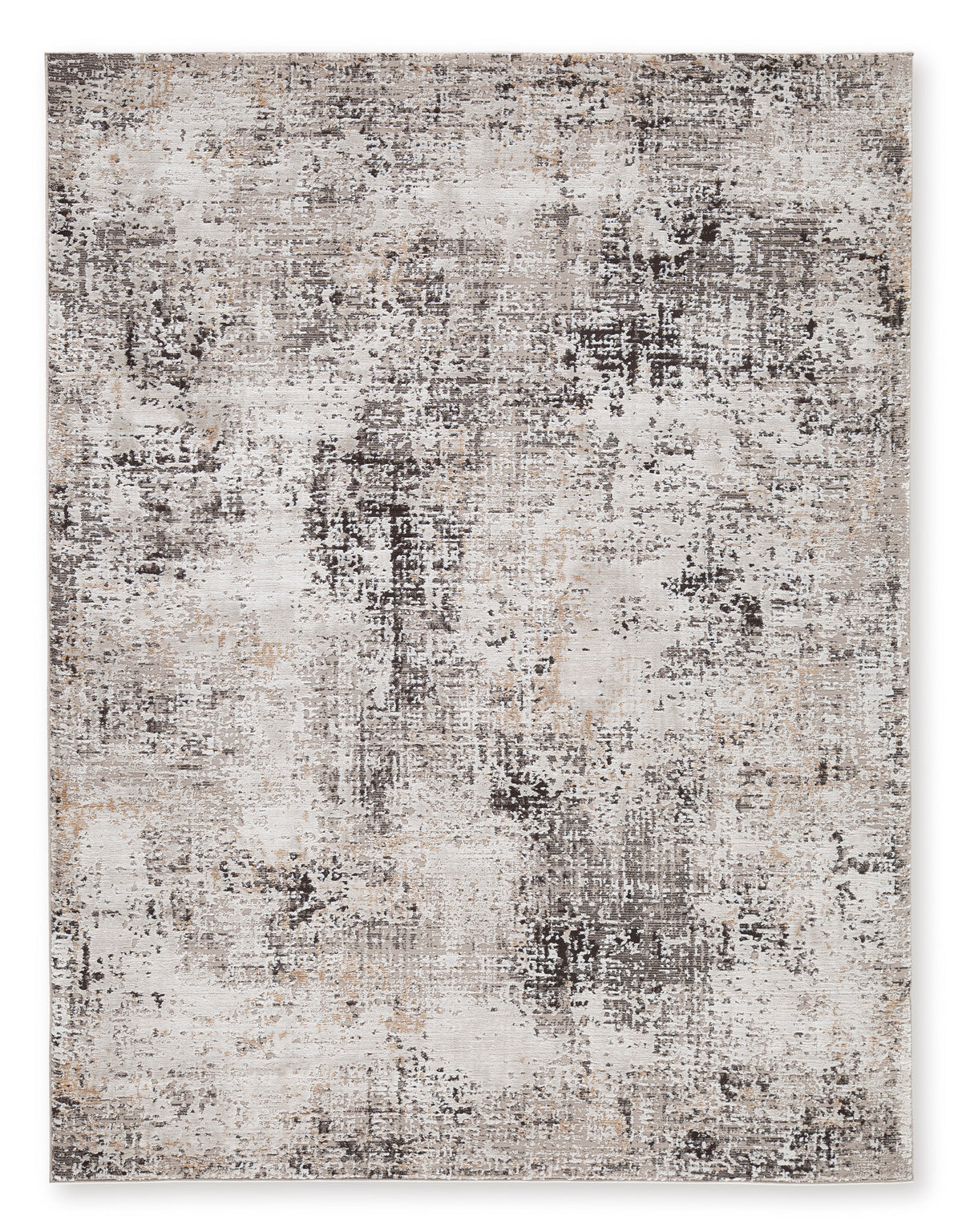 Distressed abstract area rug, light beige with gray and dark speckled pattern