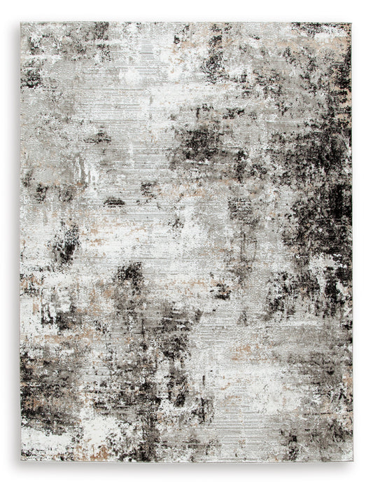 Square abstract area rug with light gray and black distressed texture