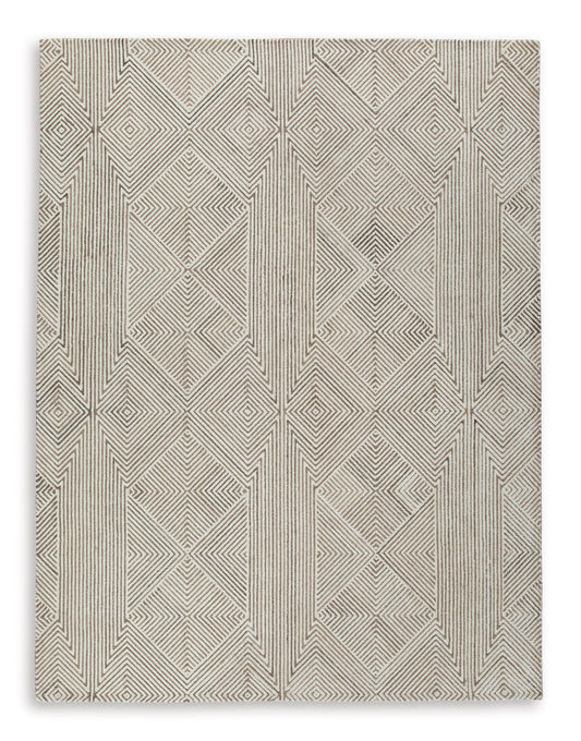 Square geometric rug with beige background and dark outlined chevrons, flat weave