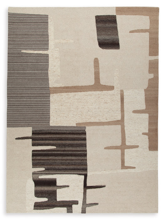 Square abstract rug with beige background and dark gray geometric blocks