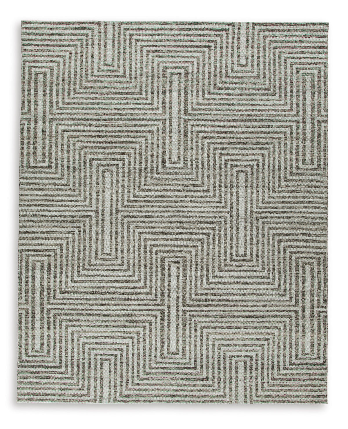 Gray and cream geometric area rug with repeating maze pattern, visible woven edge.