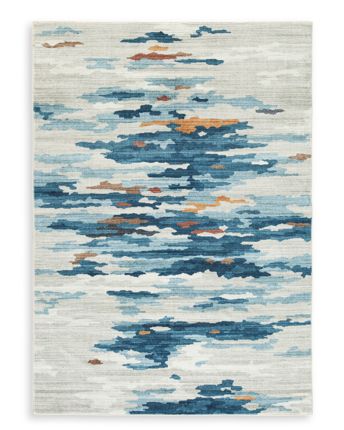 Rectangle blue and white abstract cloud pattern rug with distressed texture
