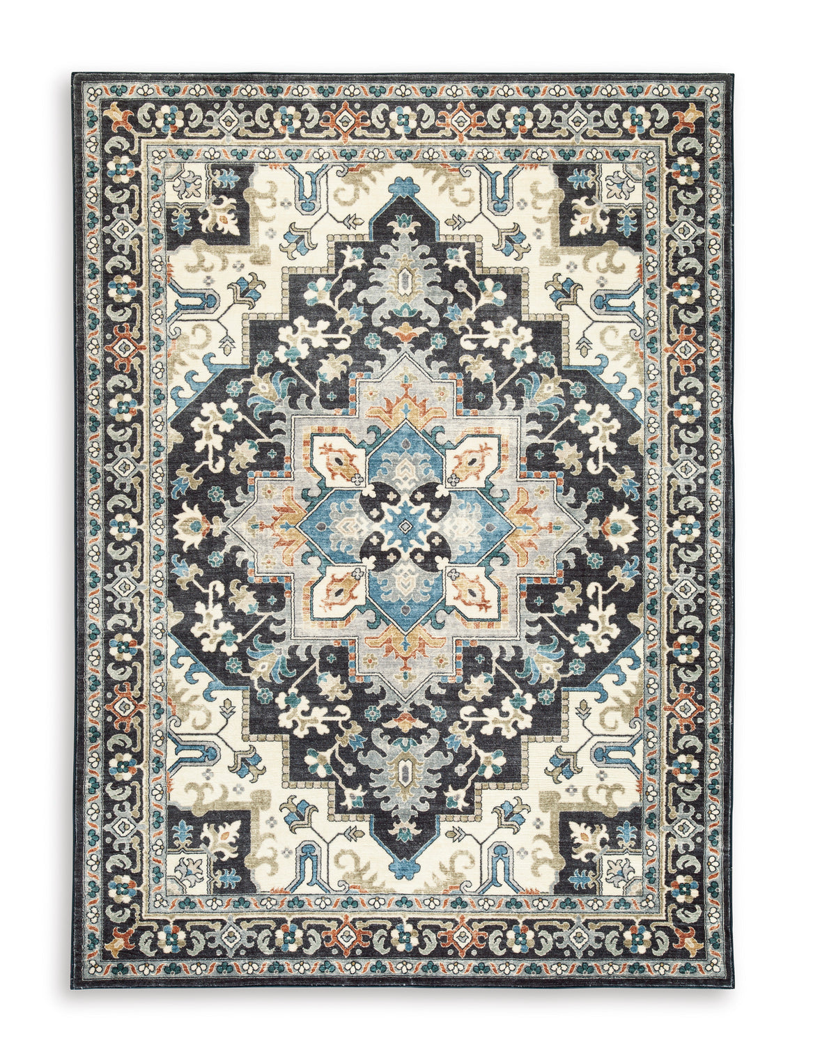Washable rug, square border with navy, cream, teal, and orange floral motif