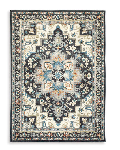 Washable rug, square border with navy, cream, teal, and orange floral motif