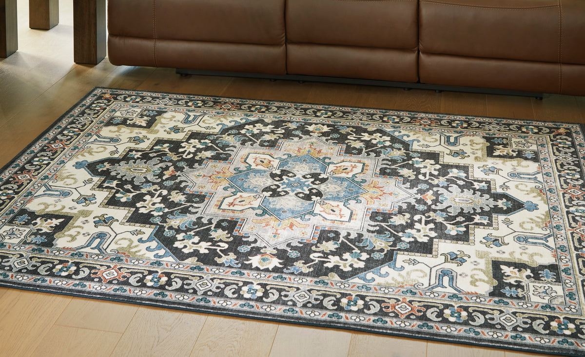 Washable rug, rectangular, ornate navy, cream, and teal medallion pattern