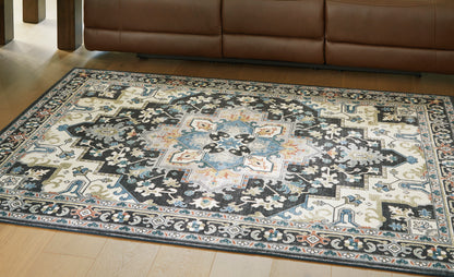 Washable rug, rectangular, ornate navy, cream, and teal medallion pattern