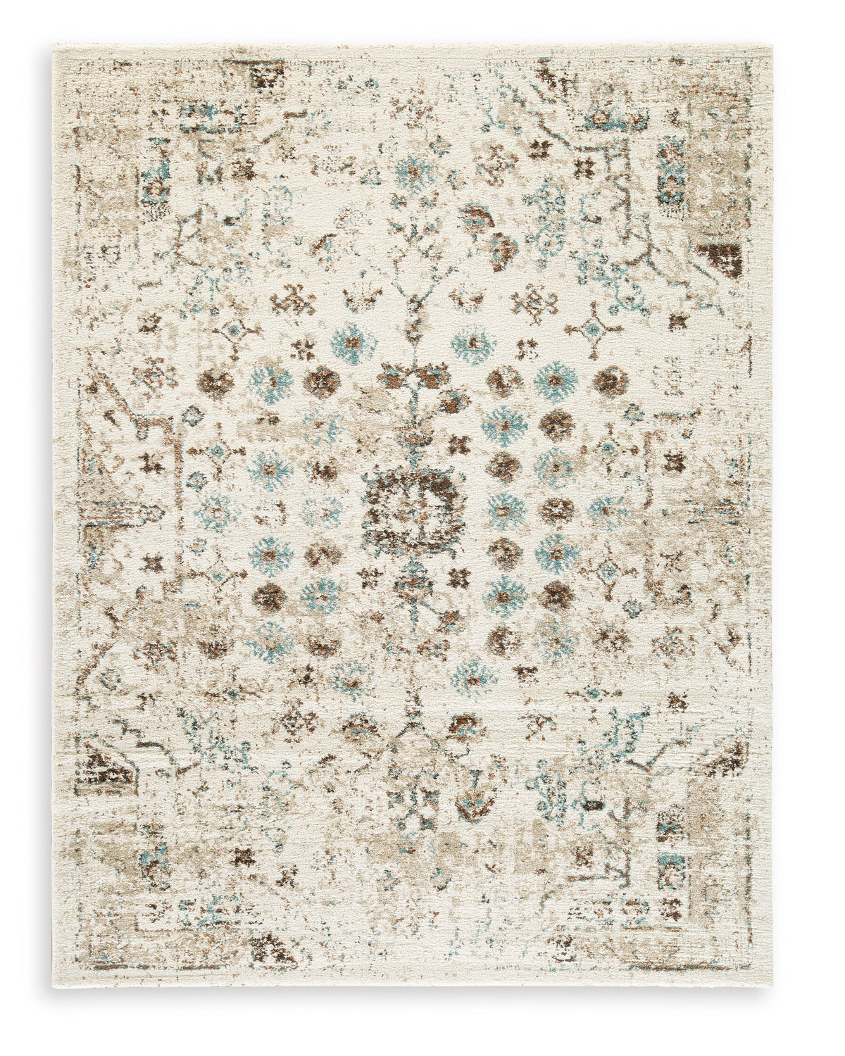 Cream square rug with teal and brown geometric distressing, flat pile