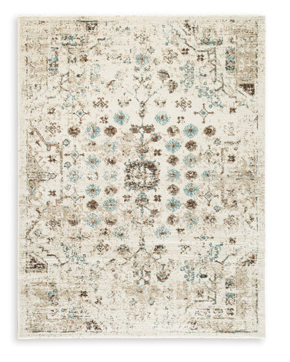 Cream square rug with teal and brown geometric distressing, flat pile