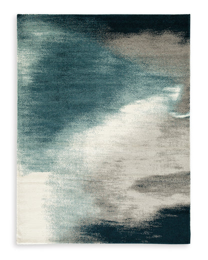 Square area rug with teal-blue and light beige abstract brush pattern.