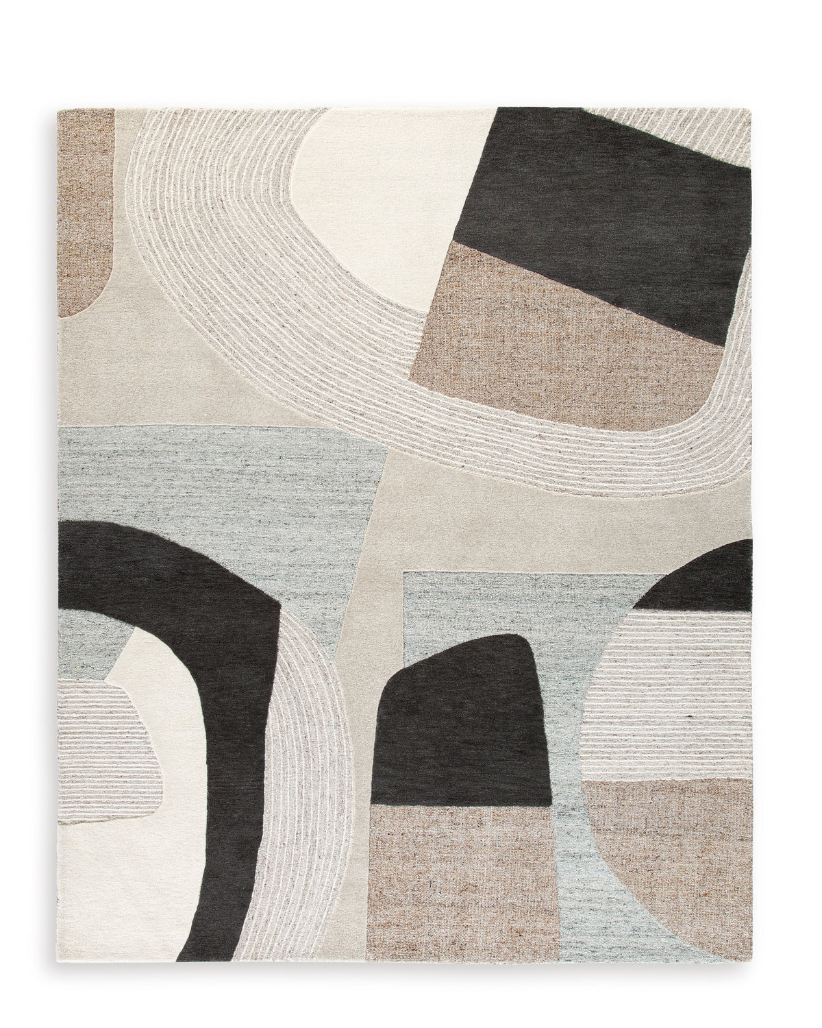 Abstract geometric area rug with cream, gray, black, and tan shapes and curved lines