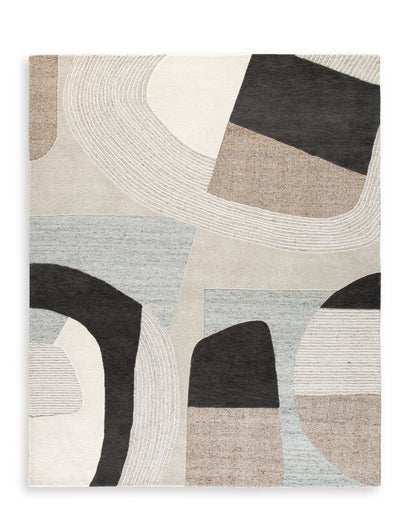 Abstract geometric area rug with cream, gray, black, and tan shapes and curved lines