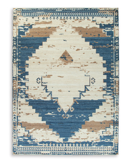 Square geometric area rug with central diamond medallion in blue and beige, border trim.