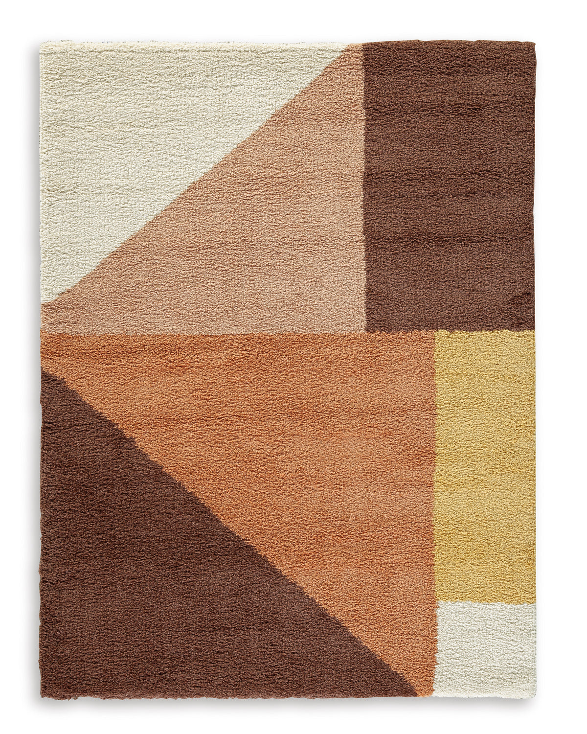 Square area rug with cream, rust, brown, and yellow geometric patchwork pattern
