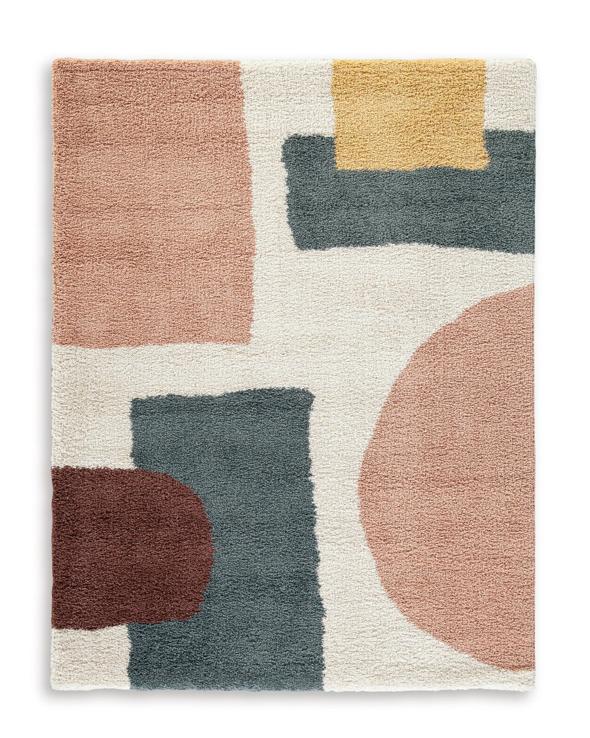 Abstract geometric area rug in blush, cream, teal and dark brown blocks