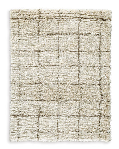 Cream square rug with stitched diamond grid pattern and short pile