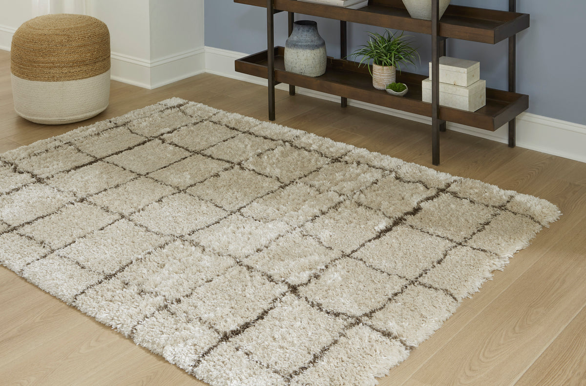 Cream rug with raised diamond grid pattern and short shag texture