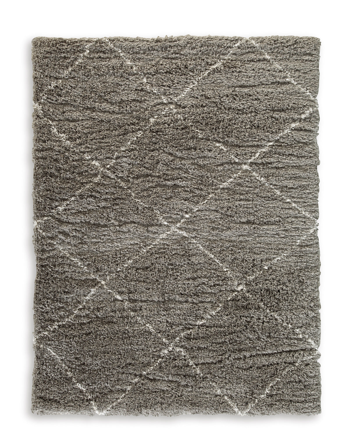 Gray square rug with textured diamond grid pattern and short shag pile