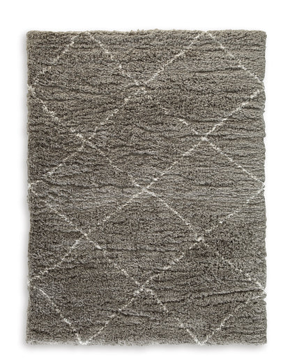 Gray square rug with textured diamond grid pattern and short shag pile