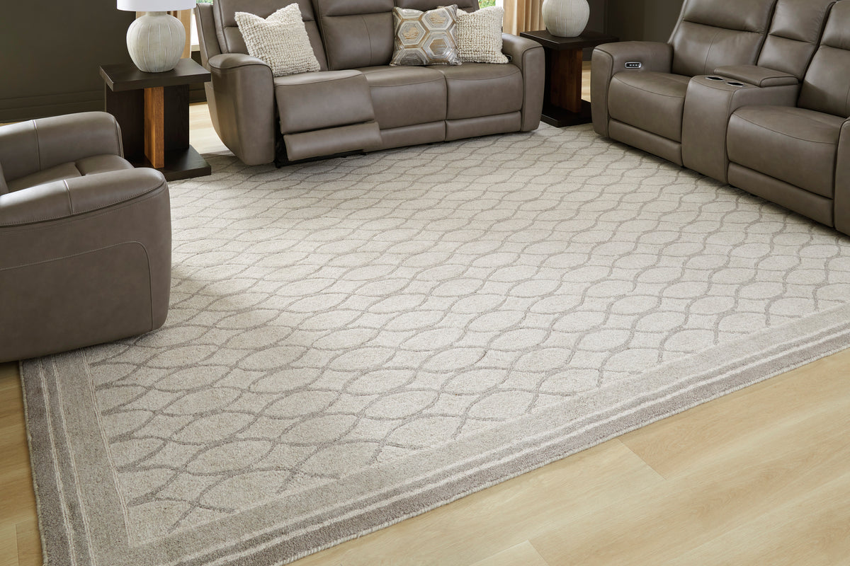 Ashley Wimney rug, light gray geometric lattice pattern on a large area