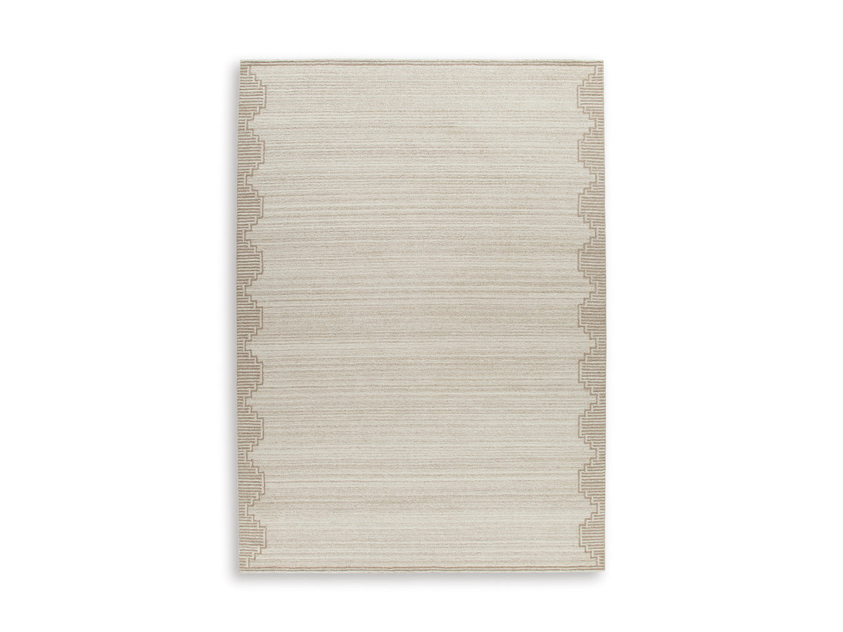 Beige square rug with horizontal stripes and matching border