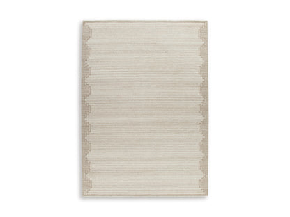 Beige square rug with horizontal stripes and matching border