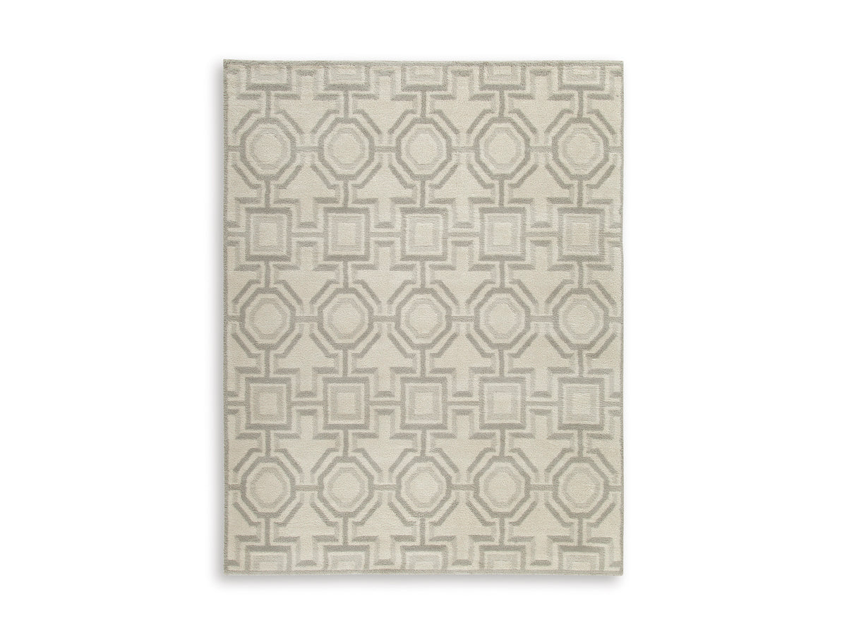 Ashley Maconville rug, light gray geometric motif pattern, square rug