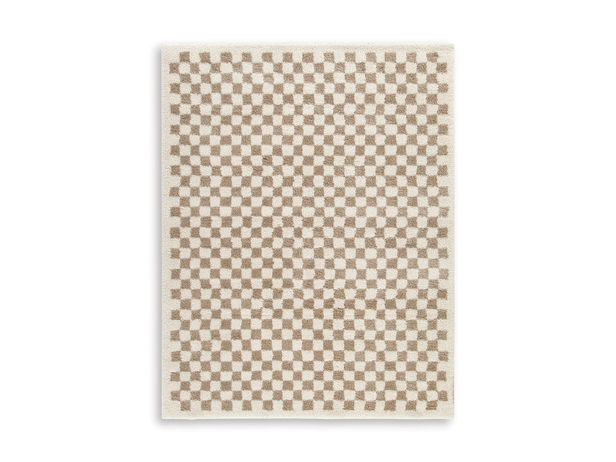 Karamen medium rug, square beige checkered design with short textured pile.