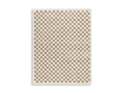 Karamen medium rug, square beige checkered design with short textured pile.