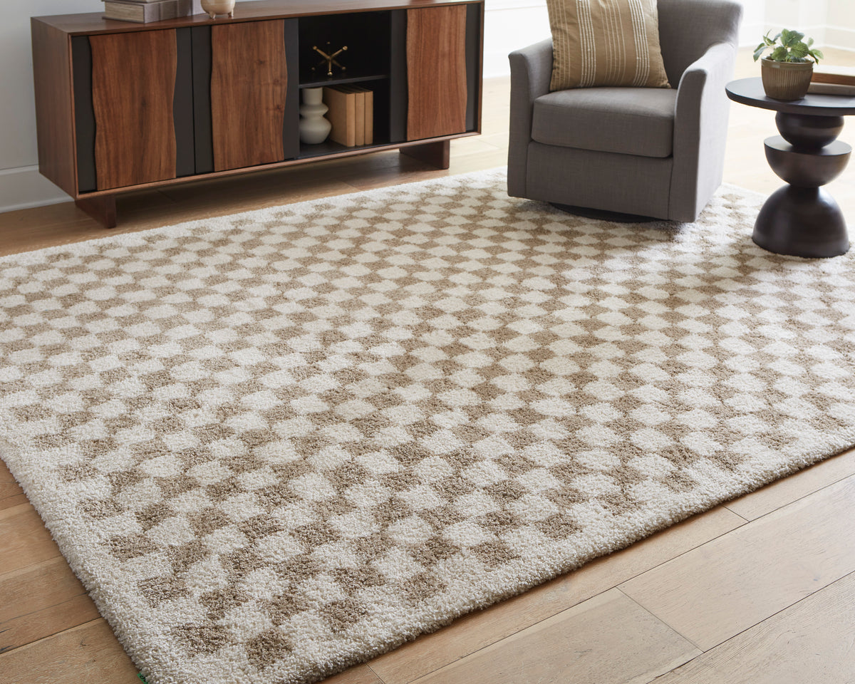 Karamen medium rug with beige and gray checkered pattern, textured low pile.