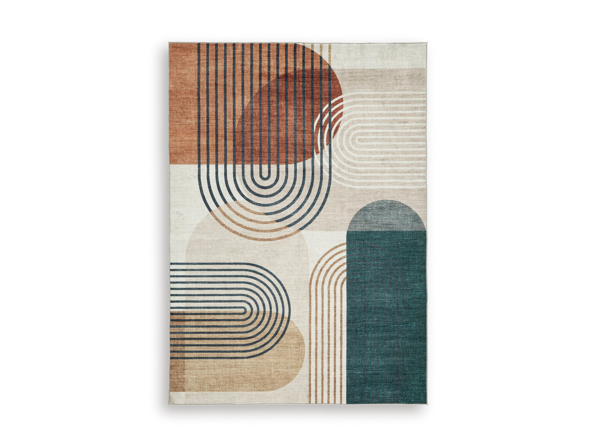 Ashley Farrendale washable rug with abstract arch and stripe pattern in cream, rust, teal and tan