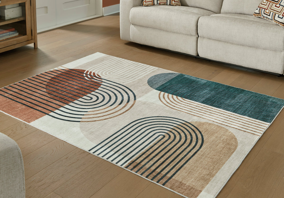 Ashley Farrendale washable rug with cream, rust, teal and tan geometric arches and stripes