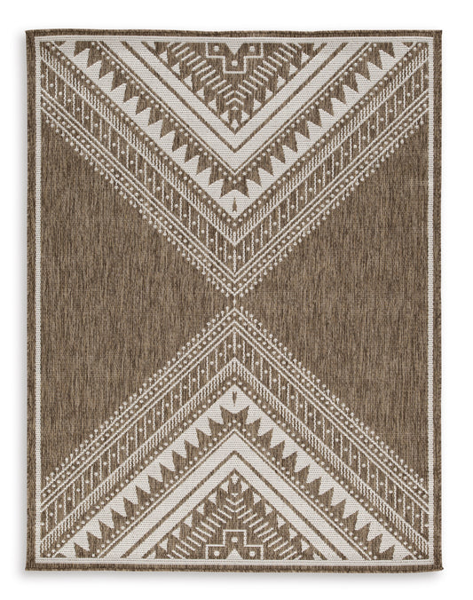 Square rug with gray field and cream Aztec-style diamond and border pattern