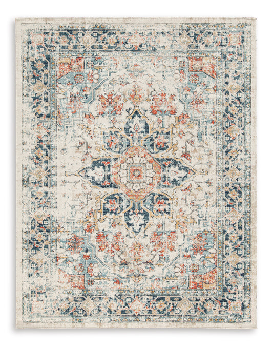 Ashley Jarrpage square indoor/outdoor rug with ornate blue border and cream center