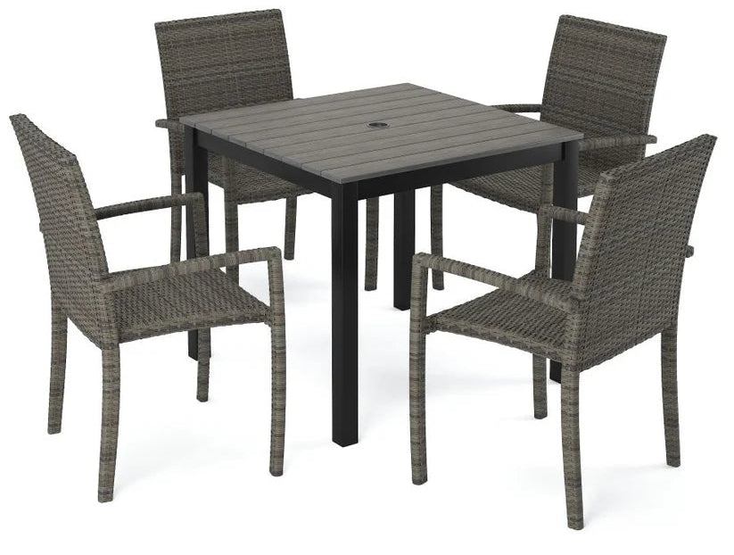 Outdoor furniture set with a square table and four matching chairs on a white background