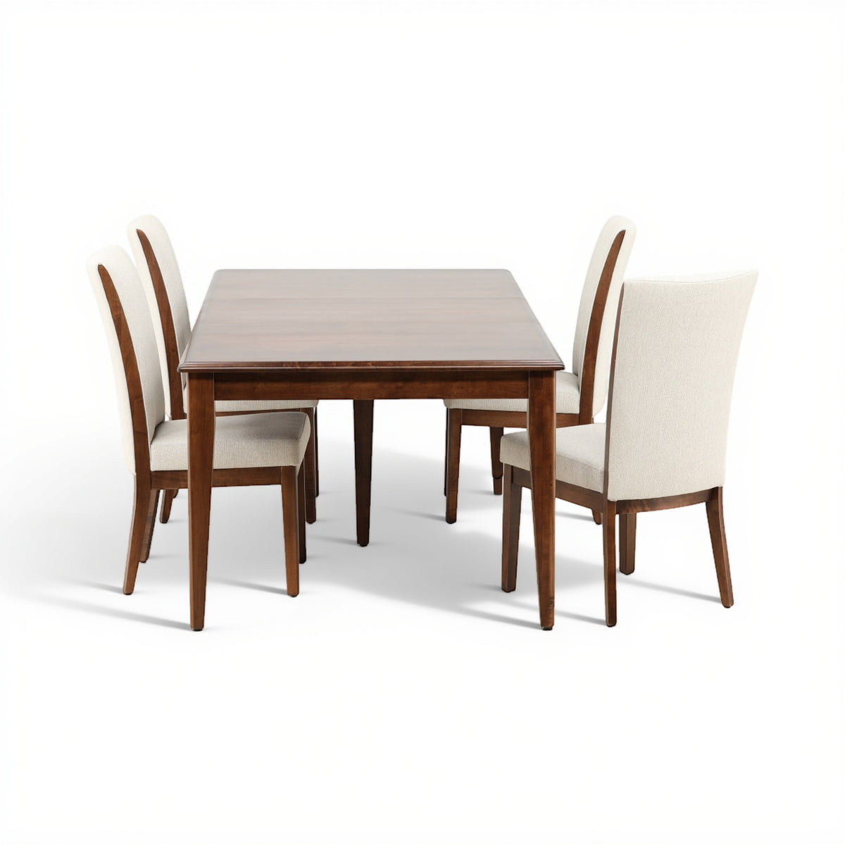 5-piece dining set with dark wood table and cream upholstered chairs, 4-piece layout
