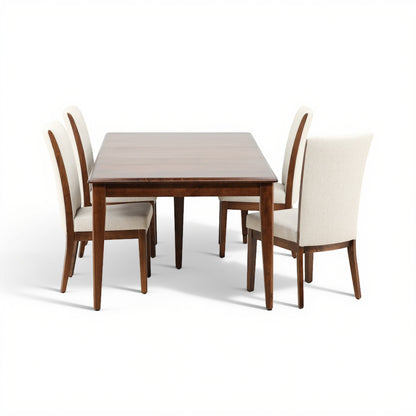 5-piece dining set with dark wood table and cream upholstered chairs, 4-piece layout