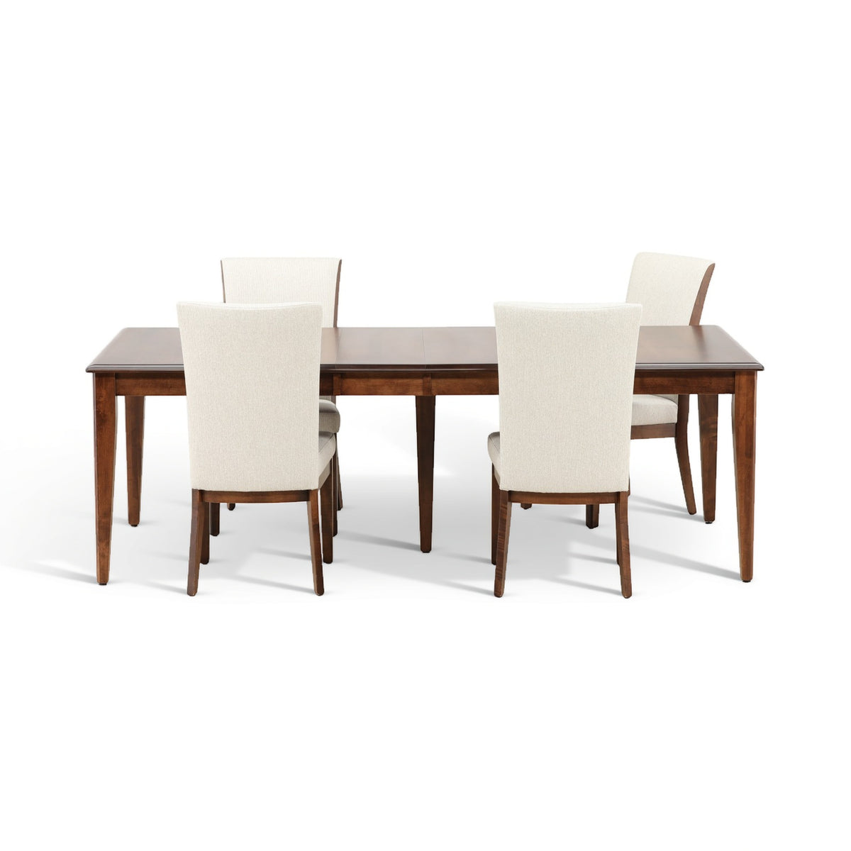 5-piece dining set with rectangular dark wood table and four cream dining chairs