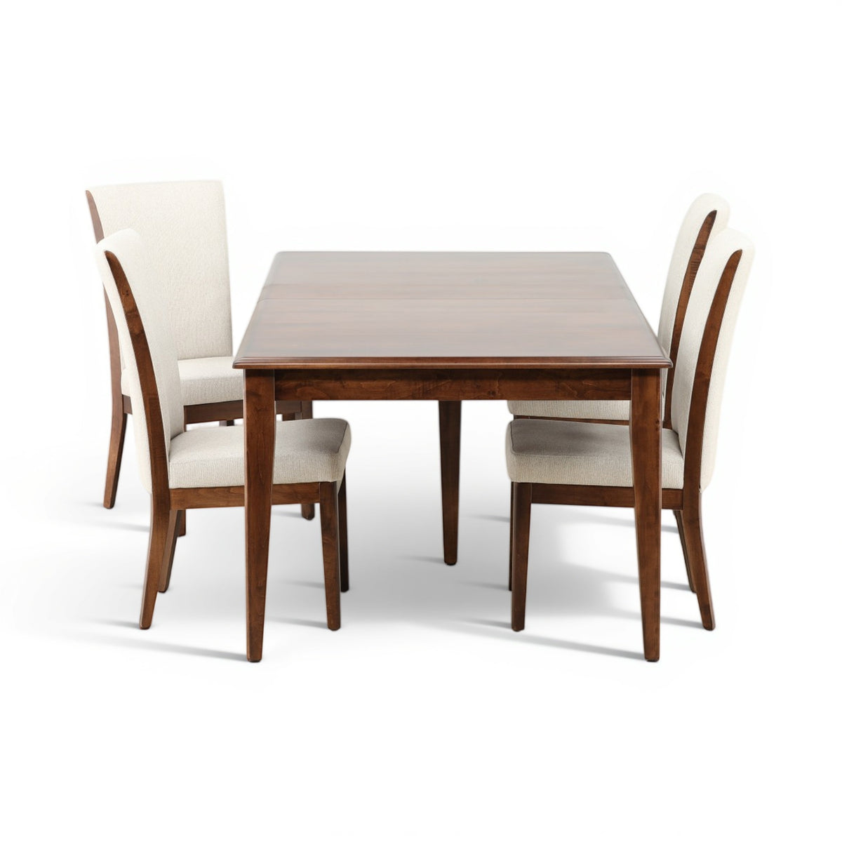 Rectangular dining table with dark wood top and four cream upholstered chairs, 5-piece set