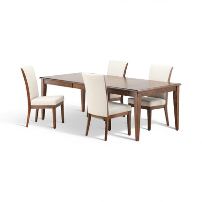 5-piece dining set in view: dark wood table with four cream upholstered chairs