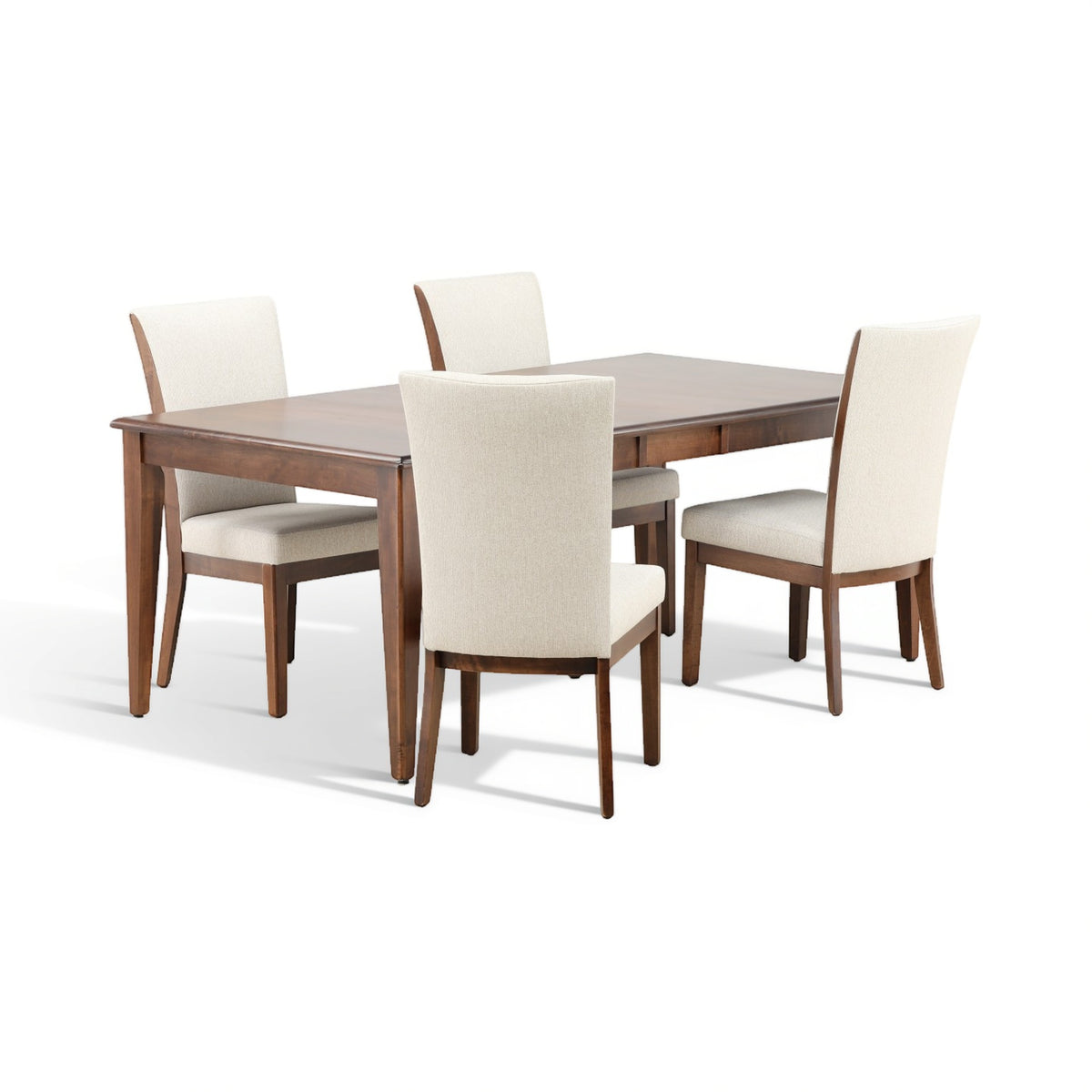 Corner view of 5-piece dining set: dark wood table with cream upholstered chairs
