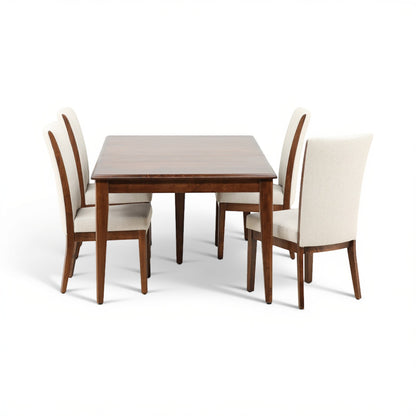 Straight-on dining set: rectangular dark wood table with two cream chairs on each side