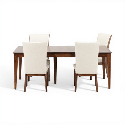 5-piece dining set with dark wood table and four cream upholstered chairs, side angle