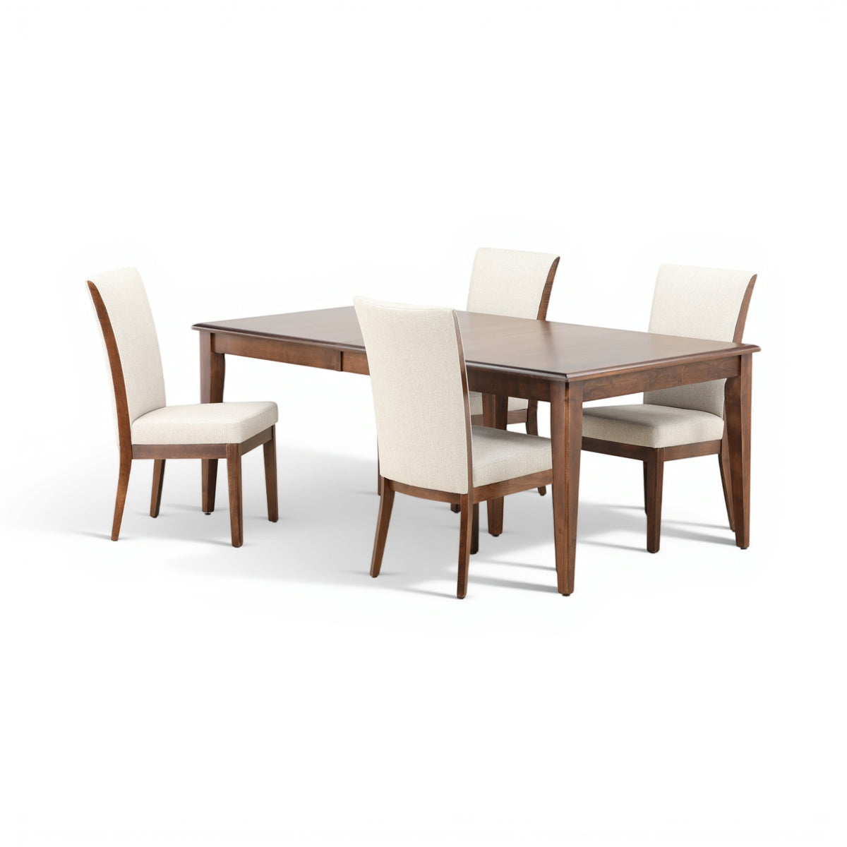 Wide-angle view of 5-piece dining set: dark wood table with four cream chairs