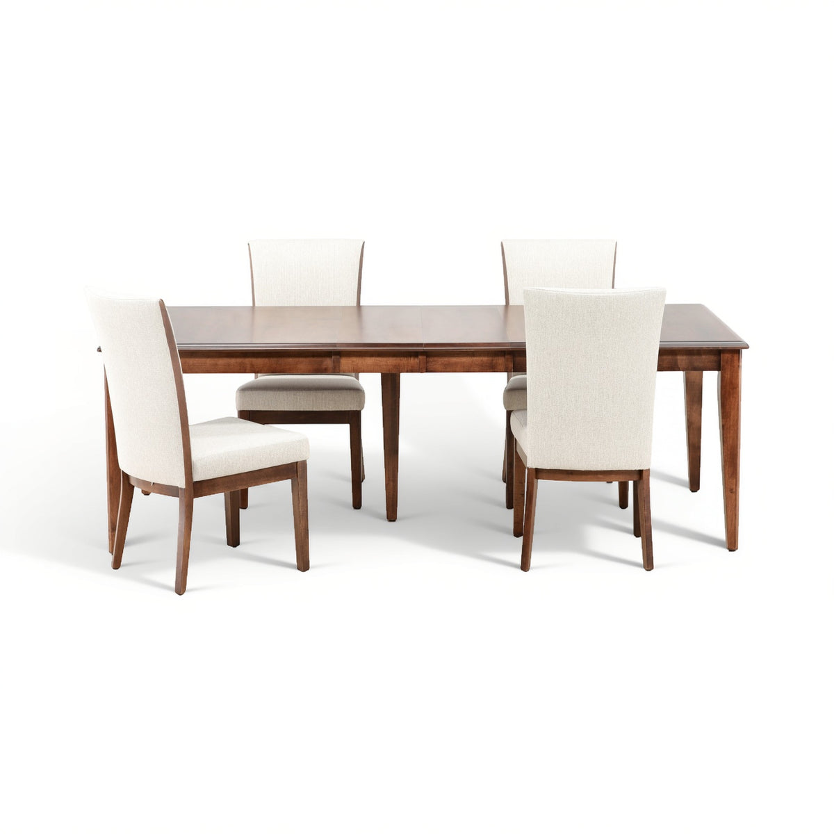 Wooden dining table with four cream upholstered chairs, set of five pieces