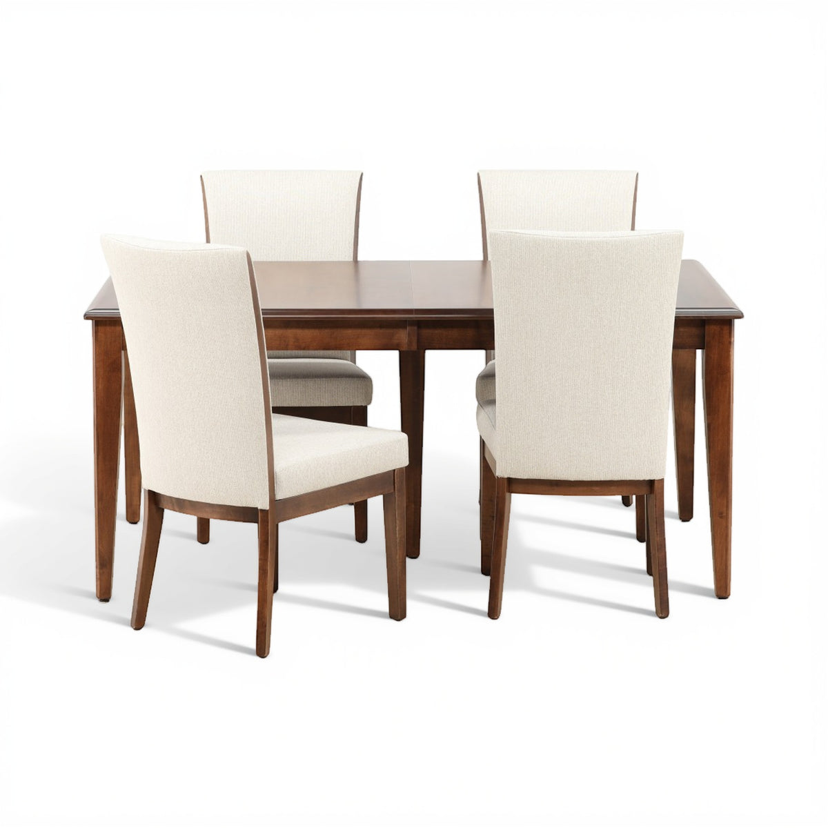 Close front view of 5-piece dining set with dark wood table and cream upholstered chairs